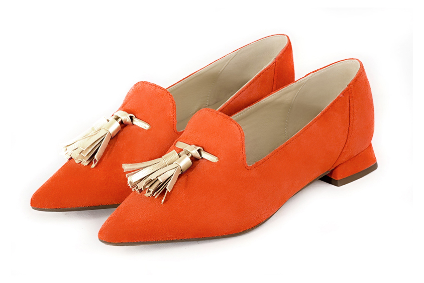 Clementine orange and gold women's loafers with pompons. Pointed toe. Flat flare heels - Florence KOOIJMAN